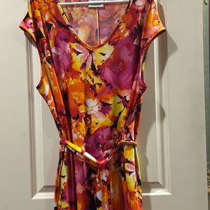 Avenue floral flowy pullover Maxi Dress belt cap sleeve size 26/28 pink orange